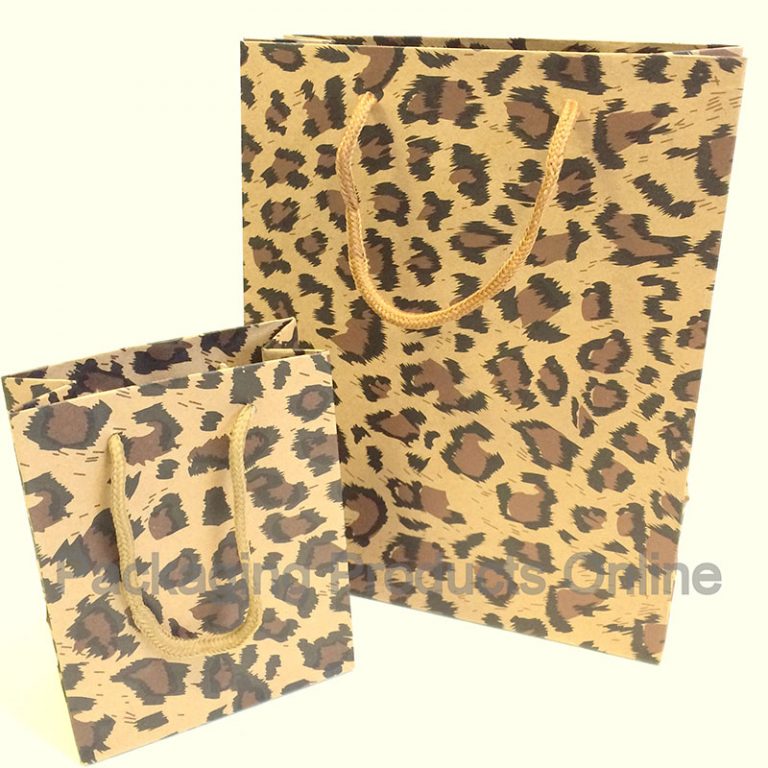 A small and medium sized leopard printed gift bag.