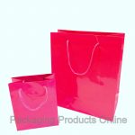 A small and medium sized glossy pink gift bag with pink cord handles