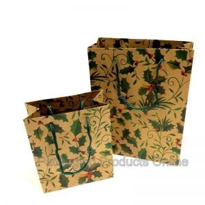 A small and medium sized Christmas holly themed printed gift bag.