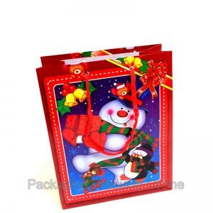Red gift bag with a snowman themed illustration on the both sides.