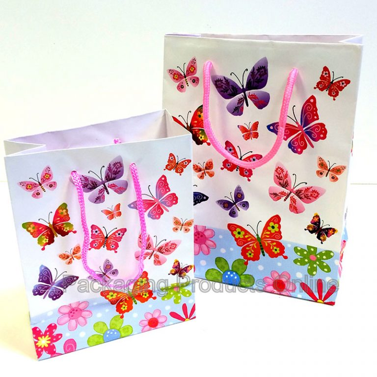 White gift bags with butterflies in all sizes and colours printed all over the bag.