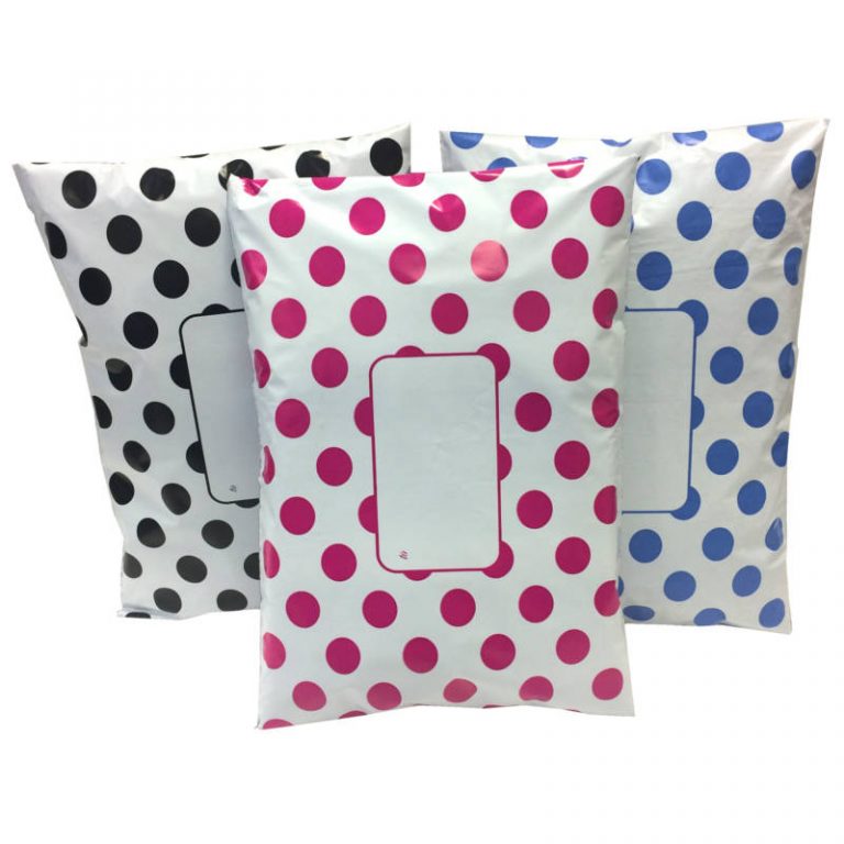 3 colours, pink, black & blue printed spot reverse polka dot divinely different mailing bags