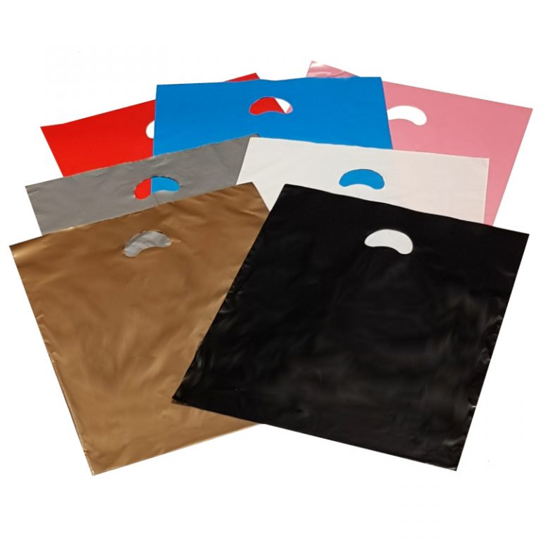 Coloured Plastic Carrier Bags with punched out handle varigauge in a selection of colours